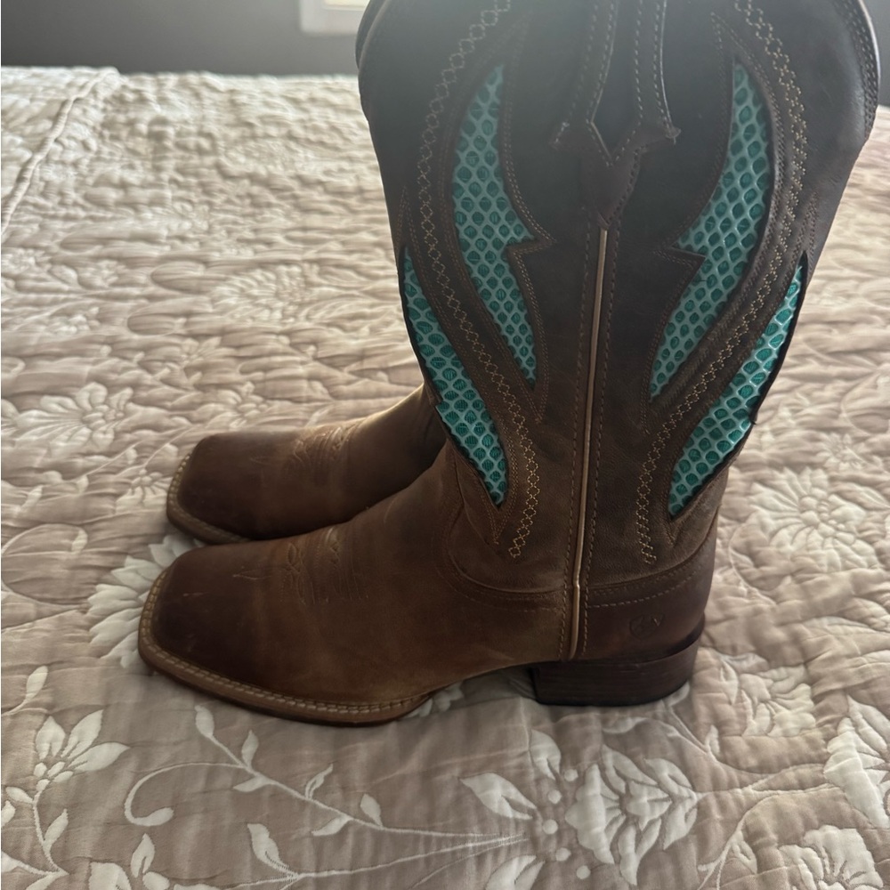 Ariat Brown Leather Western Boots with Teal Side Insets